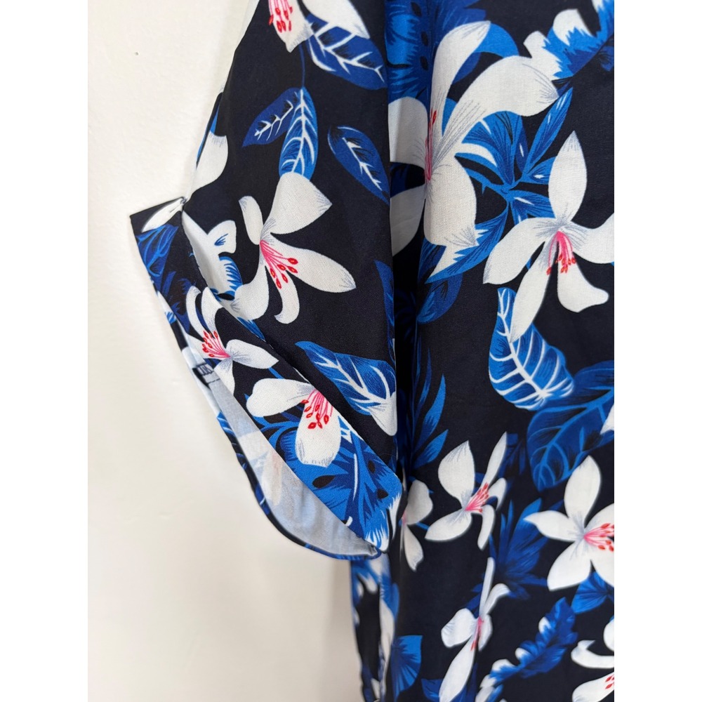 ION Women Tropical Floral Button Down Shirt Navy Blue White Lily Summer Top M - Picture 3 of 7